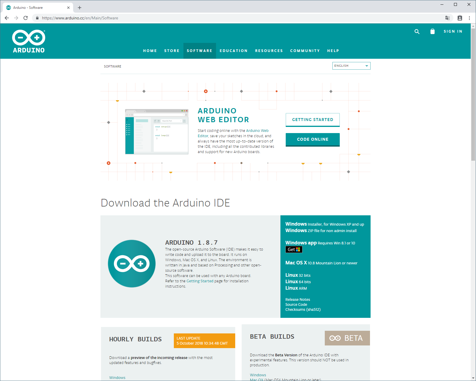 Screenshot der Arduino Homepage